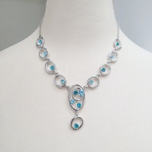 Brand New Silver Tone Blue Rhinestone Necklace